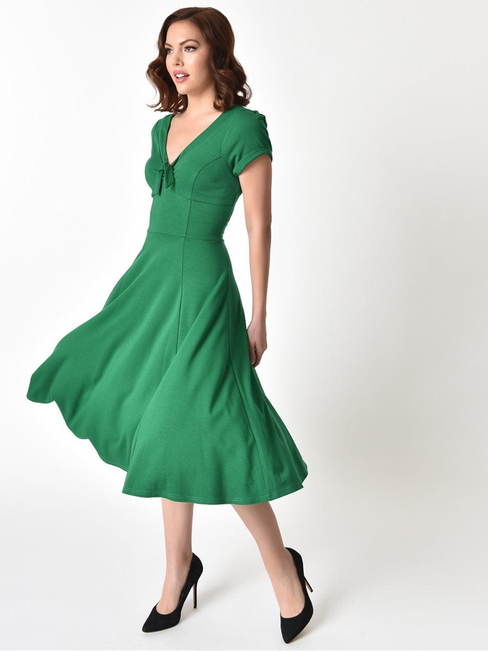 Unique Vintage 1940s Style Green Knit Short Sleeve Natalie Swing Dress Size L